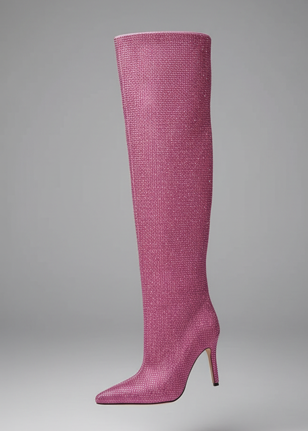 Rhinestone Stiletto Boots – Custom Calf High Heel Boots With Chunky Silver Heel