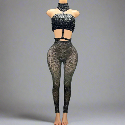 Rhinestones Crystal Full Pant Crop Top Set