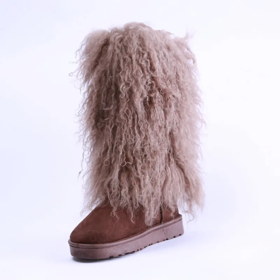 Suede Mongolian Fur Winter Boots – Custom Sized Calf High Boots With Shearling Lining