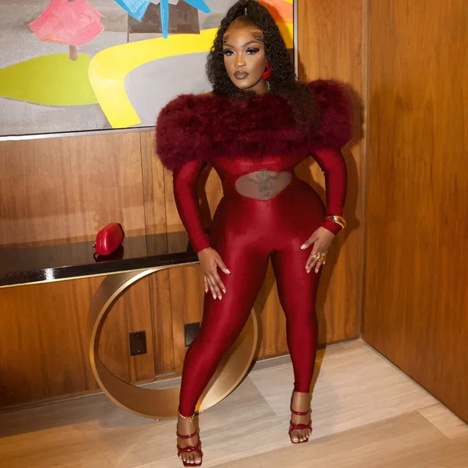 Off Shoulder Fur Jumpsuit- Prima Dons and Donnas