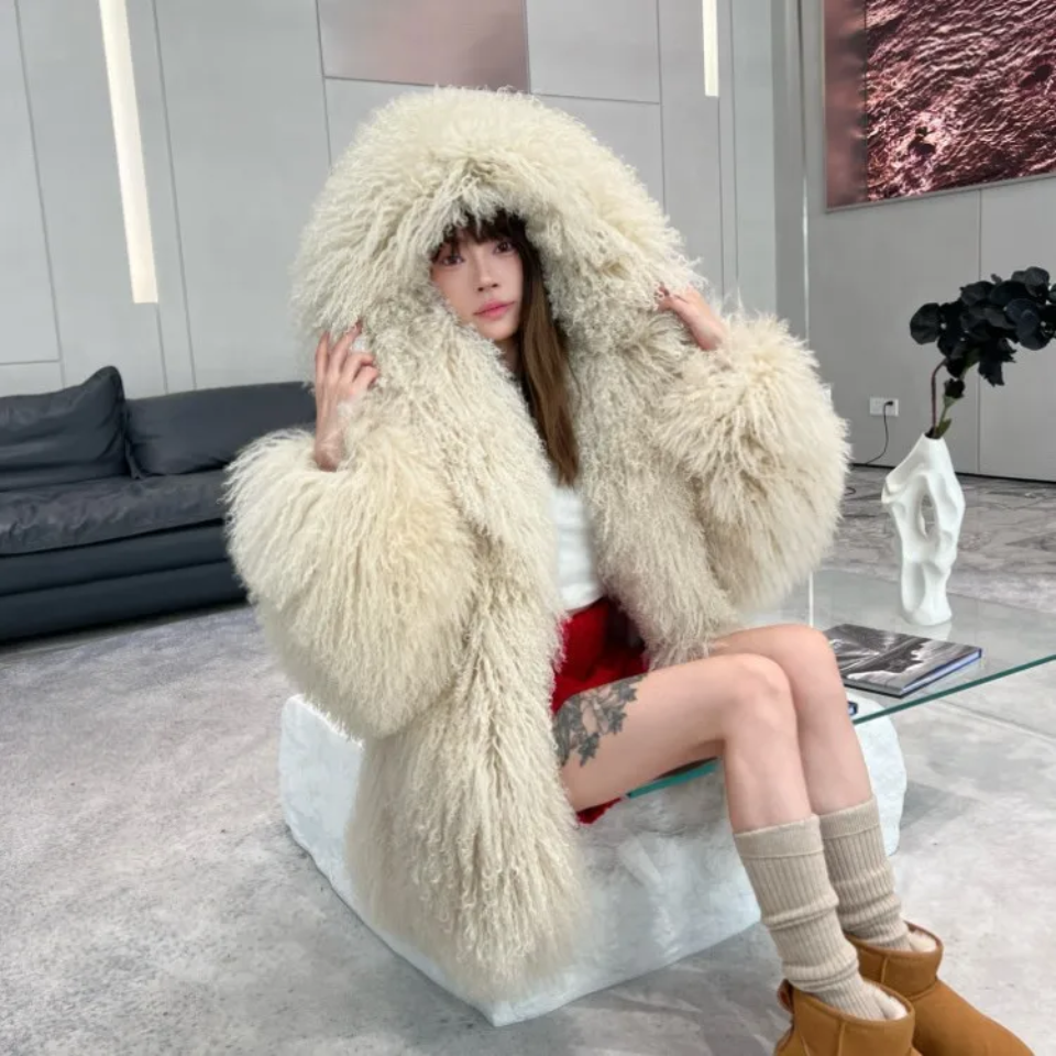 Hooded Over Sized Mongolian Sheep Lamb Fur Coat- By Prima DND