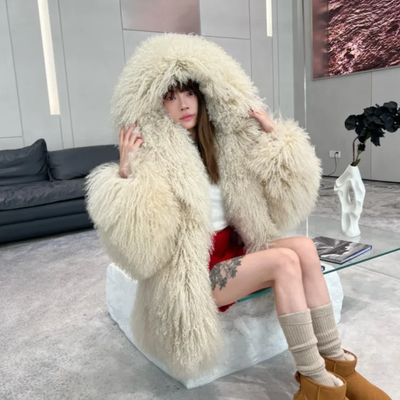 Hooded Over Sized Mongolian Sheep Lamb Fur Coat- By Prima DND