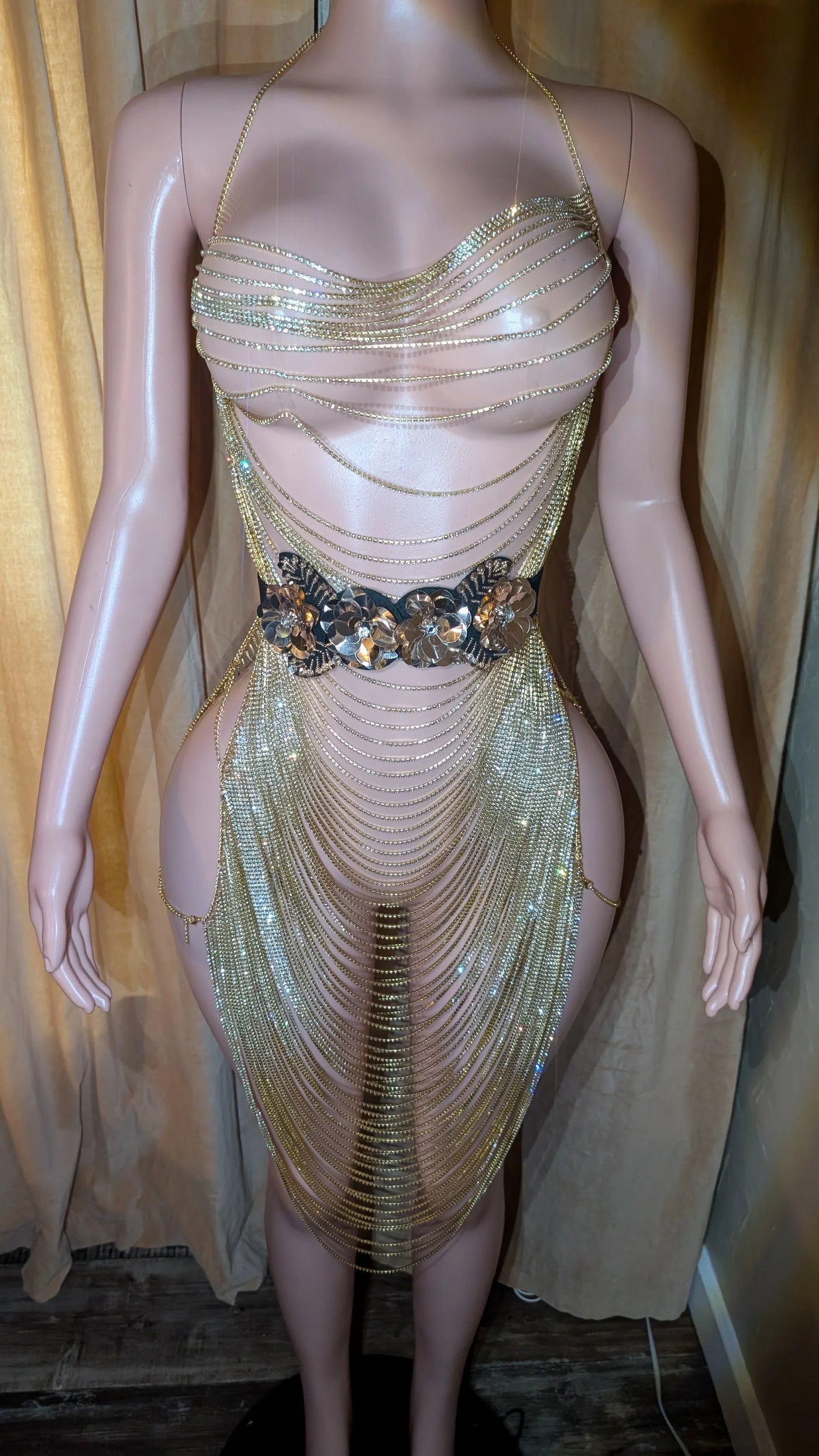 Maxi Rhinestones Dress – Plunge Chain Body Crystal Rhinestones Silver Party Dress