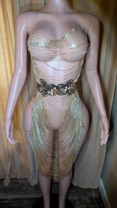 Maxi Rhinestones Dress – Plunge Chain Body Crystal Rhinestones Silver Party Dress