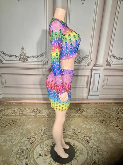 Two Piece Rhinestone Multi Color Crystals Mini Skirt Dress Set