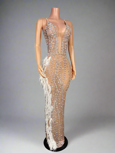 Maxi Rhinestone Feather Dress