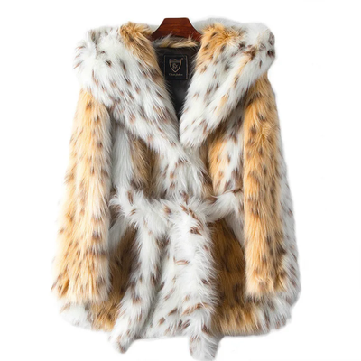 Snow Cat Print Hip Length Faux Fur Jacket