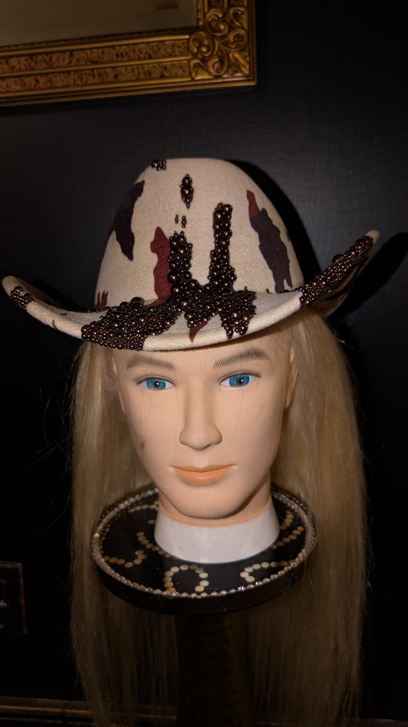 Custom Cowboy Print Pearl & Rhinestone Western Cowboy Hat (Ready to Ship)