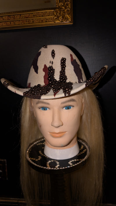 Custom Cowboy Print Pearl & Rhinestone Western Cowboy Hat (Ready to Ship)