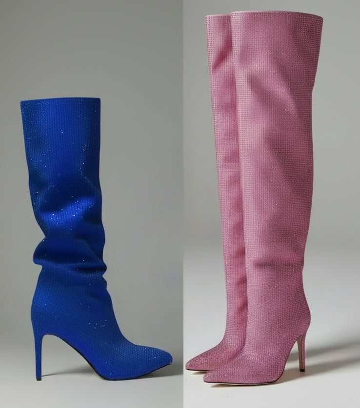 Rhinestone Stiletto Boots – Custom Calf High Heel Boots With Chunky Silver Heel
