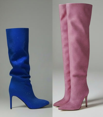 Rhinestone Stiletto Boots – Custom Calf High Heel Boots With Chunky Silver Heel