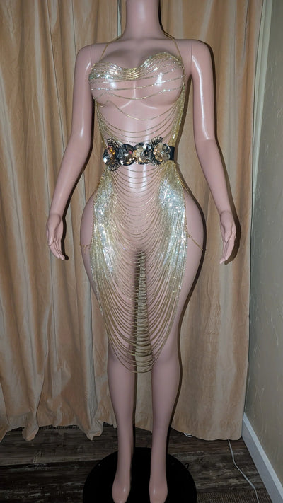 Maxi Rhinestones Dress – Plunge Chain Body Crystal Rhinestones Silver Party Dress