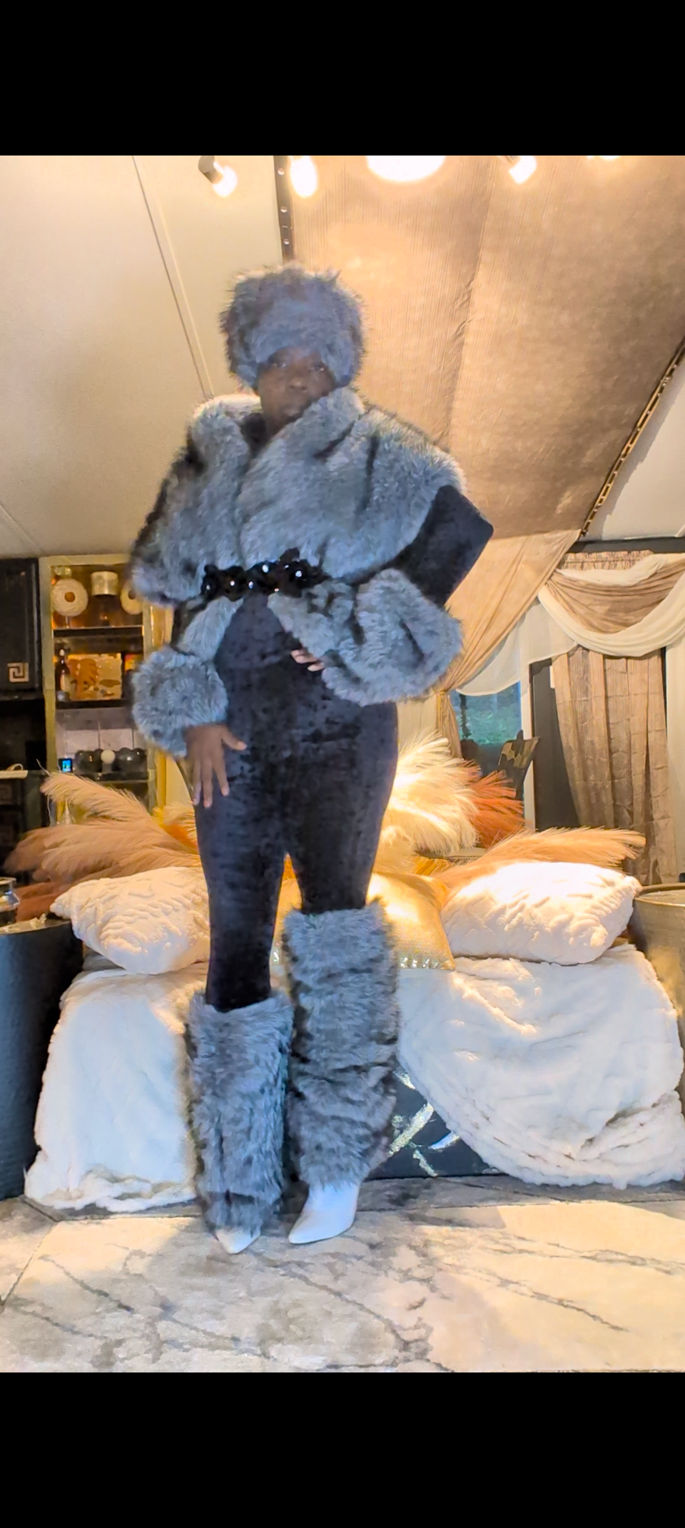 Grey Faux Fur Accessories Set