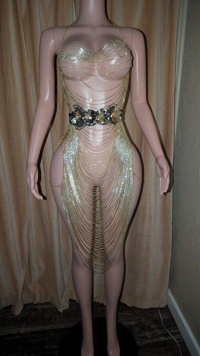 Maxi Rhinestones Dress – Plunge Chain Body Crystal Rhinestones Silver Party Dress