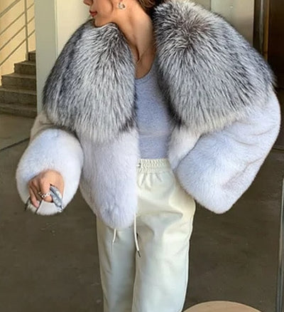 Luxury Cropped Faux Big Collar Fur Jacket