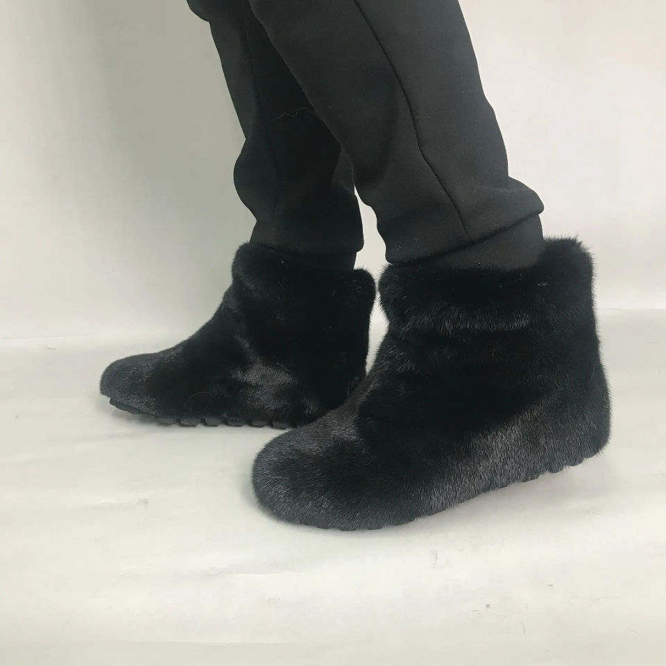 Mink Fur Winter Boots - Custom Sized Calf High Flat Winter Boots With Plush Lining