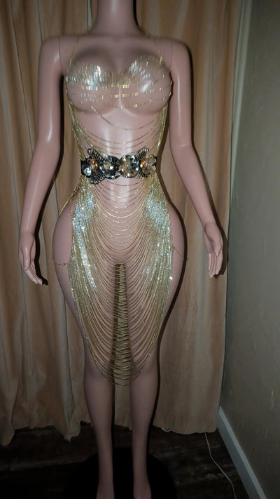 Maxi Rhinestones Dress – Plunge Chain Body Crystal Rhinestones Silver Party Dress