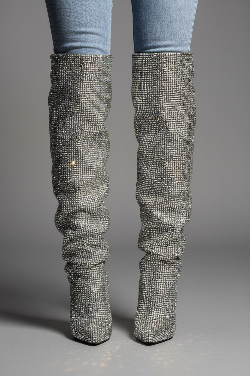 Rhinestone Cowboy Boots | Custom Made Slouchy Western Black Silver Chunky Heel