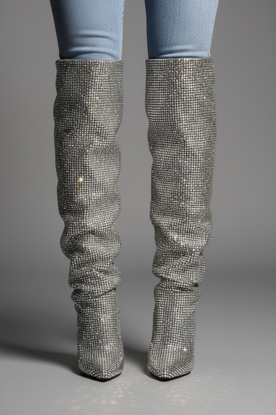 Rhinestone Cowboy Boots | Custom Made Slouchy Western Black Silver Chunky Heel