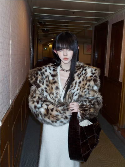 Tiger Cropped Faux Big Collar Fur Jacket