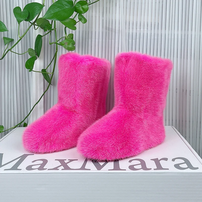 Mink Fur Winter Boots - Custom Sized Calf High Flat Winter Boots With Plush Lining