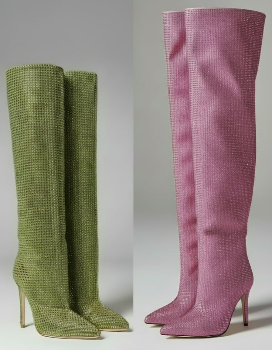 Rhinestone Stiletto Boots – Custom Calf High Heel Boots With Chunky Silver Heel