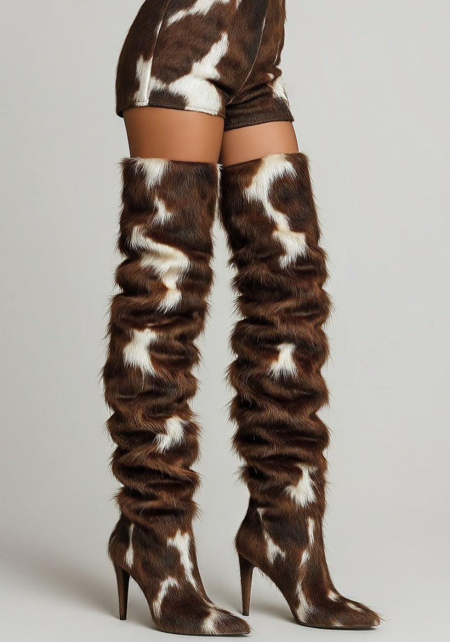 Cowboy Cowhide Natural or Faux Boots – Custom Size Thigh High Boots With Plush Winter Warmth
