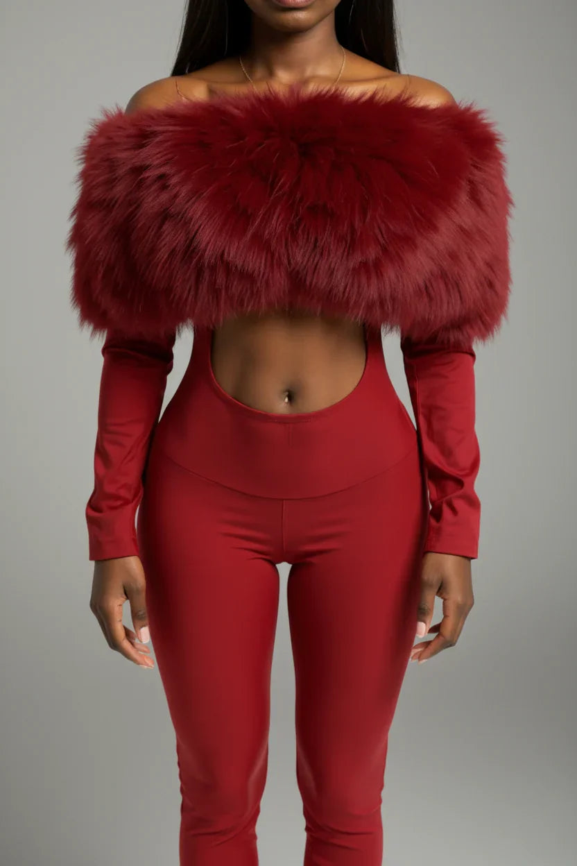 Off Shoulder Fur Jumpsuit- Prima Dons and Donnas