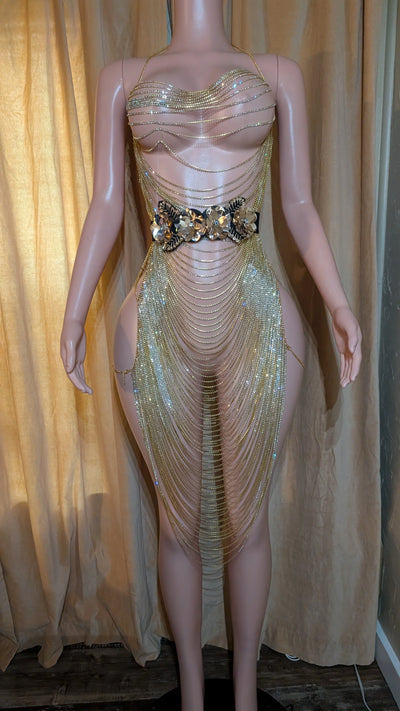 Maxi Rhinestones Dress – Plunge Chain Body Crystal Rhinestones Silver Party Dress