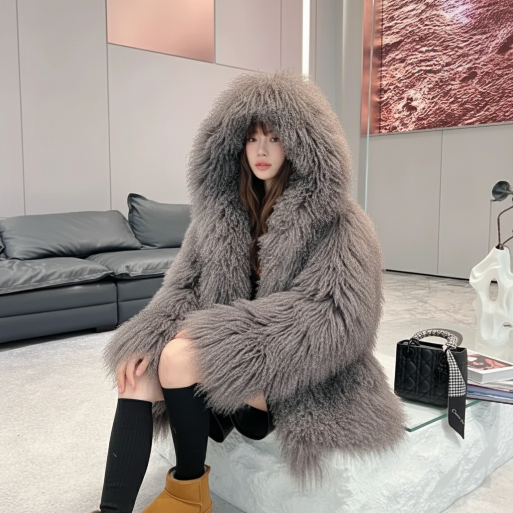 Hooded Over Sized Mongolian Sheep Lamb Fur Coat- By Prima DND