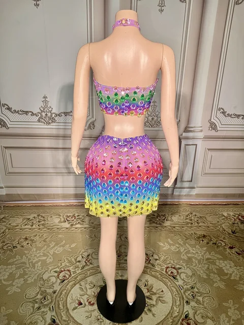 Halter Two Piece Rhinestone Multi Color Crystals Mini Skirt Dress Set