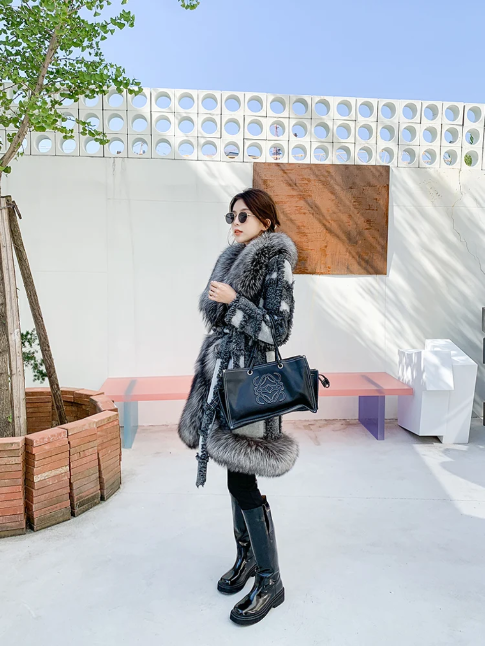 Patchwork Knee Length Faux Fur Jacket