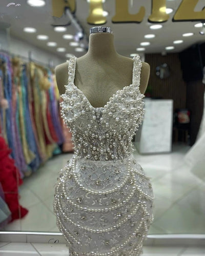 Wedding Luxury Pearl Crystal Maxi Dress