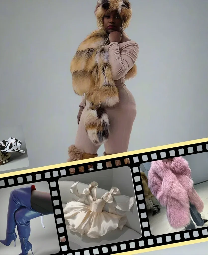 Model in beige fitted dress with faux fur scarf and hat, film strip with designer boots, pink faux fur coat, and satin bow dress.