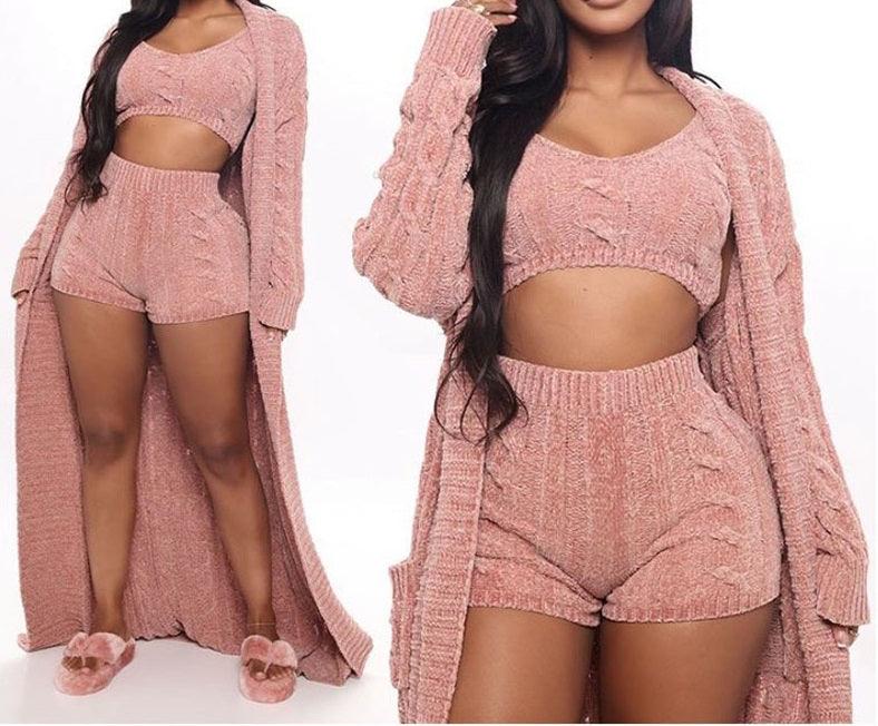 Cable Knit Crop Sweater Shorts Cardigan Set - Prima Dons & Donnas