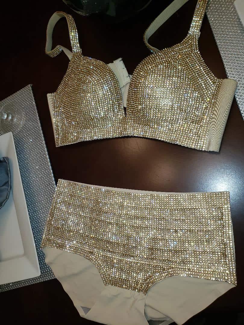 Gold Underwear Women, Rhinestone Bra Set