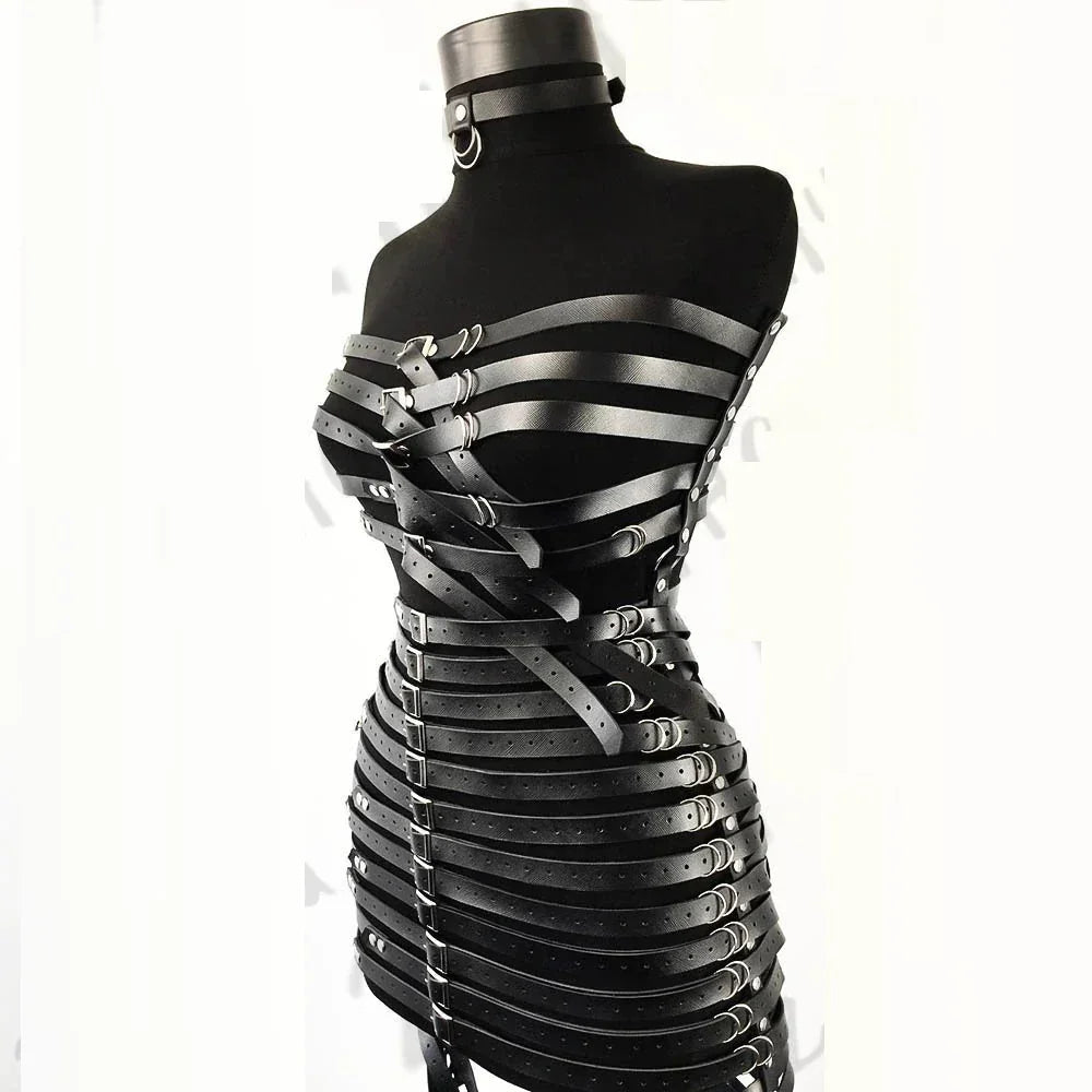 bondage leather dress Women Black Faux Leather Bondage Mini Dresses Sexy Hollow Out PU Leather  Dress Clubwear Pole Dance Costume