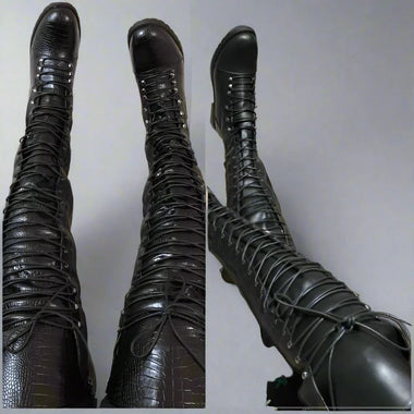 Thigh High Combat Boots – Black Faux Leather Custom Platform Boots For Women Faux Leather