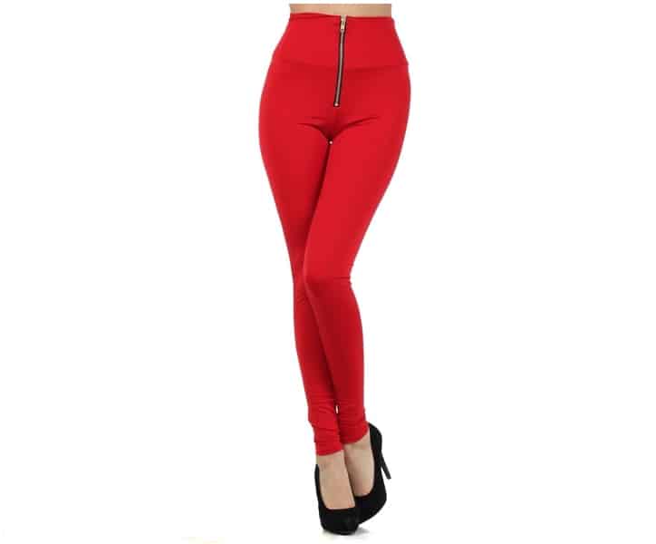 Red High Waist Front Zipper Leggings 1