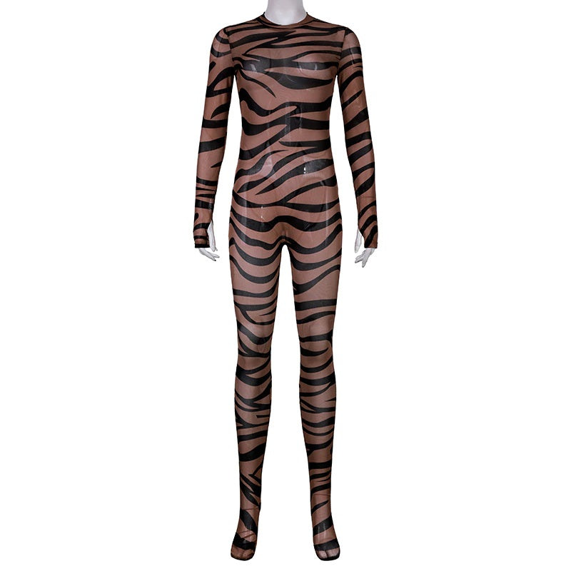 Zebra Mesh Jumpsuit Catsuit W/Feet